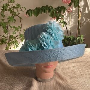 Elegant Sky Blue Satin Ribbon Women's Hat with Floral Accents